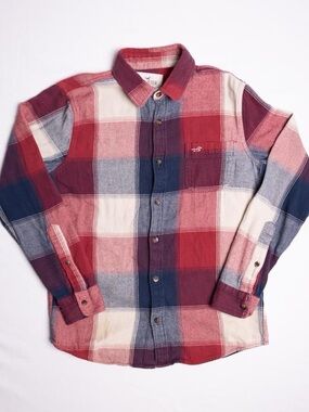 Hollister Flannel Shirt Men S Plaid Button Up Long Sleeve Red Navy Blue Cream